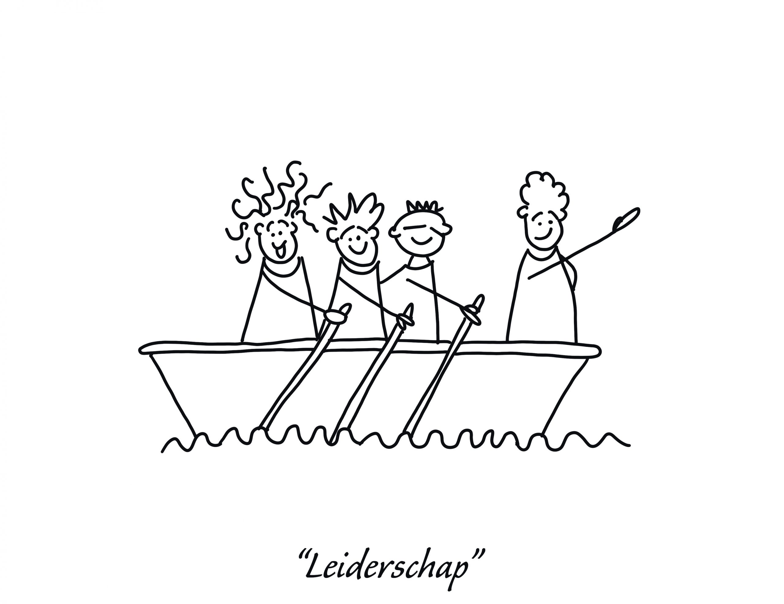 FLEX Gespreks Kaartjes - Afbeelding van een harkpoppetje die leiderschap uitbeeldt in een bootje