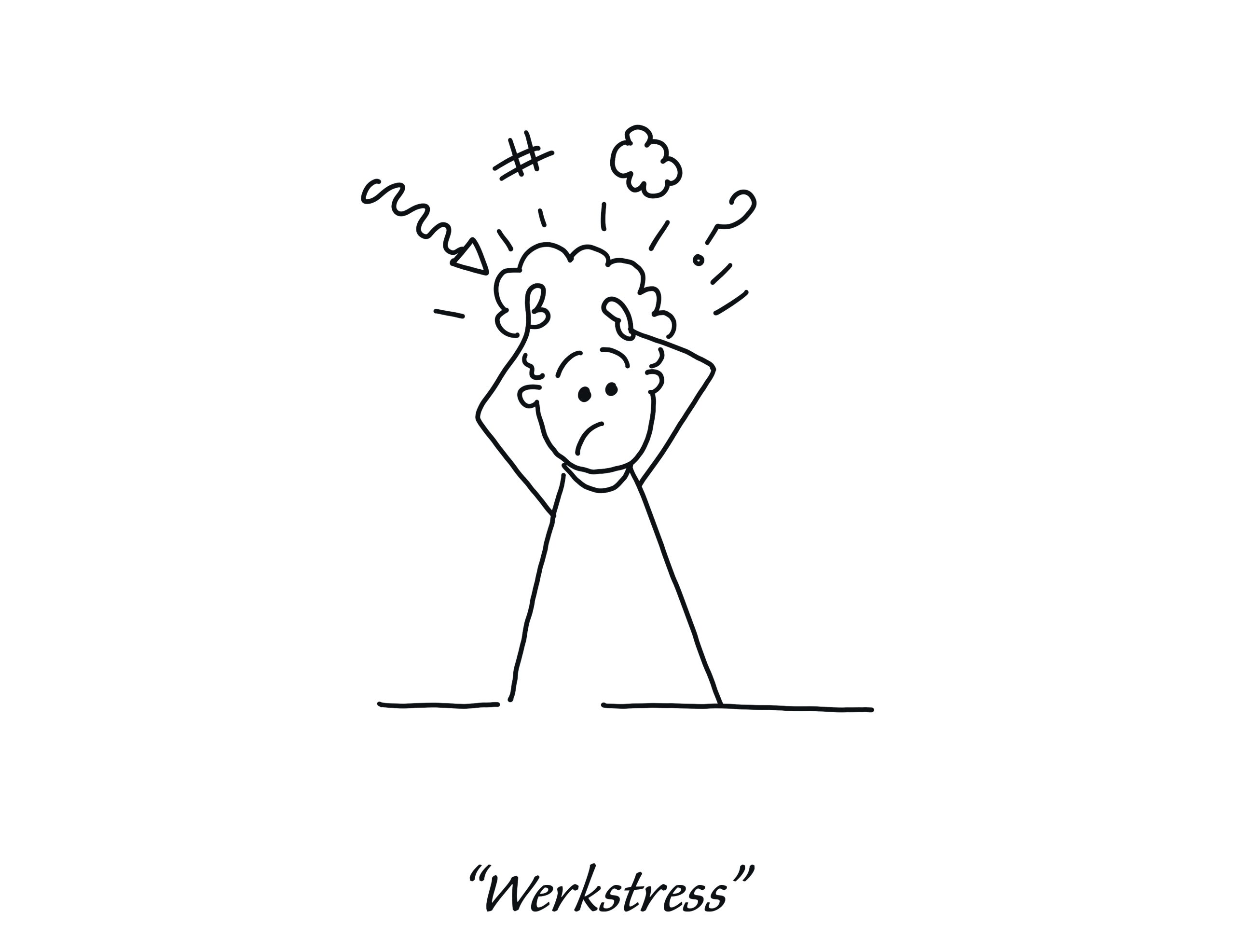 FLEX Gespreks Kaartjes - Afbeelding van een harkpoppetje die last heeft van werkstress.